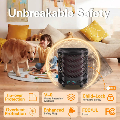 Voice Controlled 360 Degree Space Heater With 1500W Fast Heat in a living room with child and dog, showing safety features