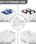 Multi-compartment Modern Farmhouse Style Metal Laundry Soap Dispenser with scoop showing use for detergent pods, dryer balls, sheets.