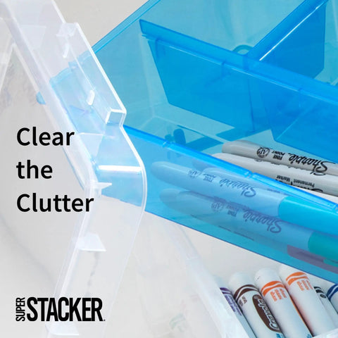 Durable 3x5 Index Card Box Organizer in blue with clear lid, showing markers inside, ideal for notes and recipe storage.