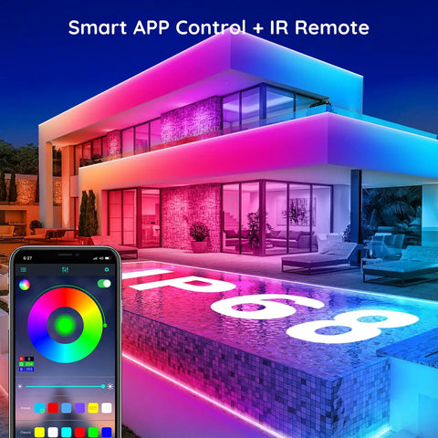 Outdoor Waterproof LED Strip Lights 100 Ft RGB Color Changing With Music Sync IP65 Rope Lights illuminating modern house.
