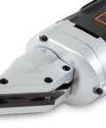 Close-up of Heavy-Duty Metal Shear with Swivel Head, Variable Speed, 4-Amp Power for precise cuts on sheet metal and stainless steel.
