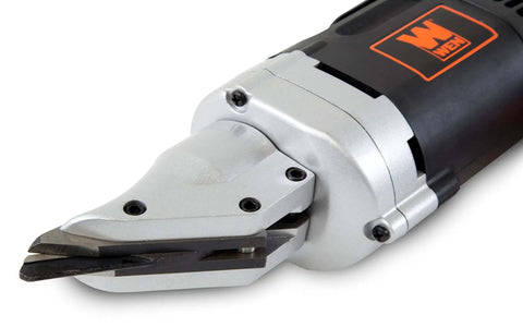 Close-up of Heavy-Duty Metal Shear with Swivel Head, Variable Speed, 4-Amp Power for precise cuts on sheet metal and stainless steel.