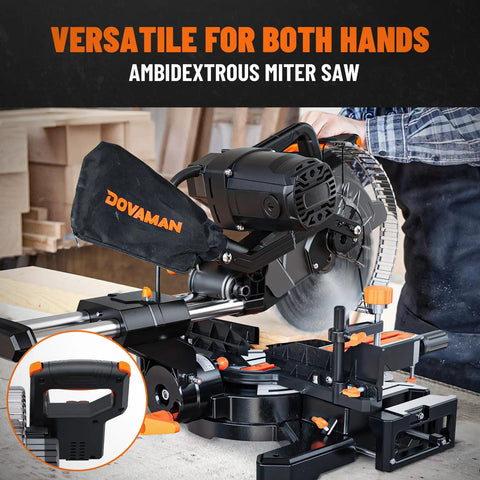 Slick 10 Inch Dual Bevel Sliding Compound Miter Saw With A Hella Beefy 15 Amp Motor And Smooth Gliding Rail System For Top Shelf Woodworking And No Sweat DIY Home Renovations showing ambidextrous handle.