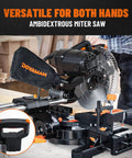 Heavy Duty 10 Inch Dual Bevel Sliding Miter Saw With 15 Amp Motor And Three Carbide Blades For Dead Nuts Precision Cuts Featuring Shadow Line Lighting And Nine Quick Stops For Ripping Through Lumber Like Butter This Weekend, showing ambidextrous design and controls.