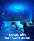 Child sleeping under Galaxy Projector For Bedroom With Bluetooth Speaker Dope Light Show And 41 Sky Modes Remote Control And Timer Built In Mood Lighting Smartphone App Ready Night Sky Projector For Your Cozy Room, blue starry sky projection on ceiling.