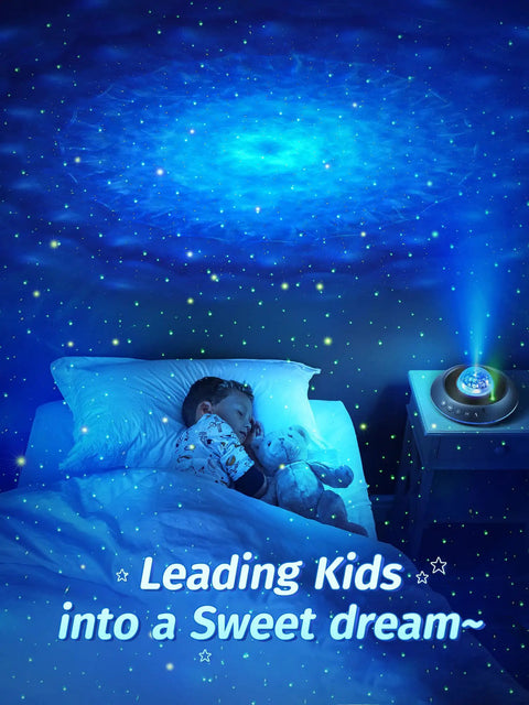 Child sleeping under Galaxy Projector For Bedroom With Bluetooth Speaker Dope Light Show And 41 Sky Modes Remote Control And Timer Built In Mood Lighting Smartphone App Ready Night Sky Projector For Your Cozy Room, blue starry sky projection on ceiling.