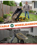 Comparison of Beefy Garden Dump Cart With 1400LB Capacity and wheelbarrow, both loaded with rocks in a garden