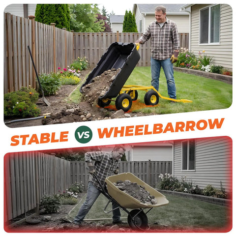 Comparison of Beefy Garden Dump Cart With 1400LB Capacity and wheelbarrow, both loaded with rocks in a garden