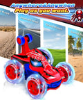 Rad Spider RC Car For Boys Aged 4 To 7, 360 Flip Monster Crawler With 4WD Light Up Wheels, shown on diverse terrains