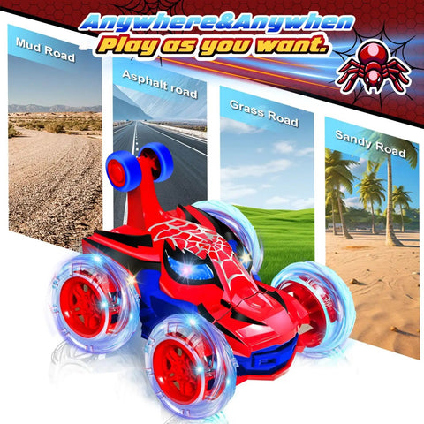 Rad Spider RC Car For Boys Aged 4 To 7, 360 Flip Monster Crawler With 4WD Light Up Wheels, shown on diverse terrains