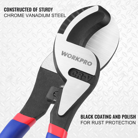 Close-up of Heavy Hitting High Leverage Cable Cutter Tough As Nails Chrome Vanadium Steel Wire Shear with ergonomic grips.