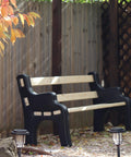 DIY Bench Ends Kit For Outdoor And Patio Benches in garden scene, black resin ends with 2x4s under a pergola, no hardware