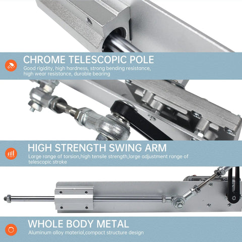 Close-up of DIY Reciprocating Linear Actuator 24V with adjustable telescopic stroke, chrome pole, and metal swing arm for maker projects.