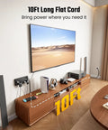10 Ft Heavy Duty Extension Cord With 13 Hella Spacious Ac Outlets And Dual Usb A Type C Fast Charging Rock Solid Surge Protector Power Strip For Gaming Rigs And Dorm Room Setup No Hassle connected to a wooden entertainment center.