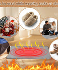 110V Heated Floor Mat Foot Warmer Under Desk 31.5 By 20 Inch Electric Heating Pad for cozy indoor use, shows mat with heat waves.