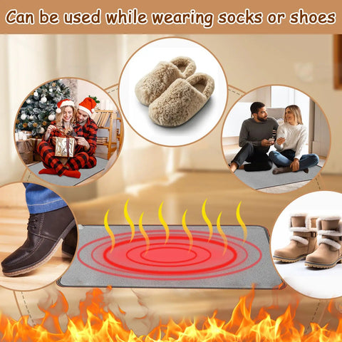 110V Heated Floor Mat Foot Warmer Under Desk 31.5 By 20 Inch Electric Heating Pad for cozy indoor use, shows mat with heat waves.