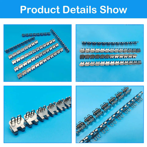 Built Tough Twenty Four Inch Steel Conveyor Belt Lacing Fasteners With Slick Butterfly Buckles For One Eighth To Three Sixteenths Inch Thick Belts displayed from various angles on a blue background.