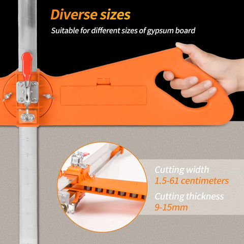 Upgraded Drywall Cutting Tool With 2 Extra Replacement Blades And Extended Nylon Handle shown cutting gypsum board