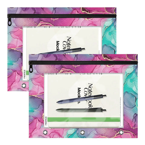 Colorful Zippered Coupon Binder Case For School And Office Use With Pink Purple Teal Accent, displaying notebook and pens inside