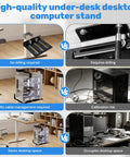 Comparison of Hella Secure Under Desk PC Mount Clamp On Computer Tower Stand for Standing Desk with cluttered desktop images.