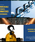 Budgit 2200 Series 1/2-Ton pneumatic air hoist with yellow body and heavy-duty hook.