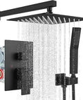 12 Inch Rainfall Shower Head And Wall Mounted Shower System With Handheld Shower Handle Solid Brass Pressure Balancing Mixer Valve Matte Black Finish Complete Spa Level Upgrade For Home Showers with water streaming