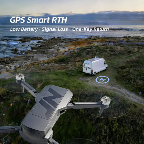 3 Axis Gimbal GPS Drone With 4K Camera for Dope Cinematic Shots flying over coastal cliff with van and landing pad