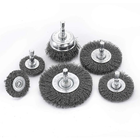 Six Piece Drill Wire Wheel Cup Brush Set With Coarse Crimped Wire 0.010 Inch Thick Face Width displayed in varying sizes