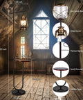 Vintage Floor Lamp With Built-In Table And Arc Lantern In Rustic Bronze Gold Finish, with marble base and glass cover details