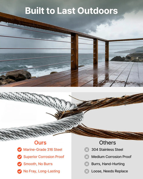 Deck with One Eighth Inch Stainless Steel Cable Railing Kit With Six Hundred Feet Of 316 Marine Grade Wire Built Tough