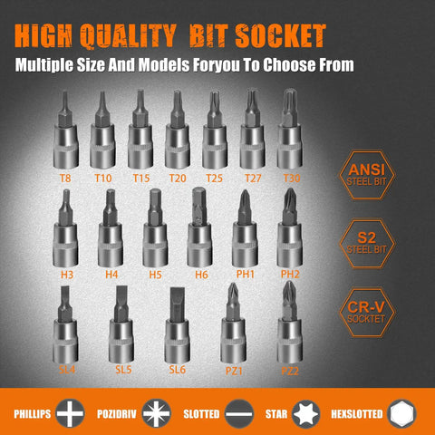 Mechanics Tools Kit 108-Piece Socket Set with various steel bit types displayed on a dark background.