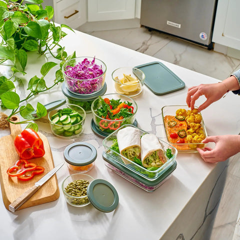 24 Piece Glass Food Storage Set With Airtight Lids, Leakproof BPA Free Meal Prep Containers on kitchen countertop
