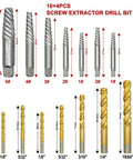 14 Piece Screw Extractor Set With Left Hand Drill Bits And Bolt Extractors, showing various drill bit sizes and types.