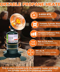 8500 BTU Portable Propane Heater For Outdoor Camping With Piezo Ignition Your Go To Gear For Patio Tent Picnic Ice Fishing Includes Base Holder And Storage Case Tank Not Included display on wooden table