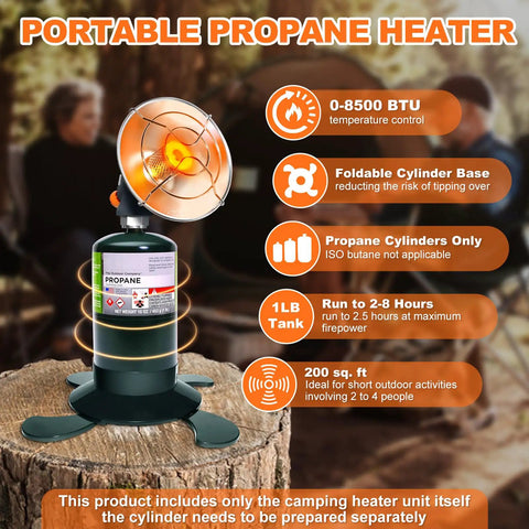 8500 BTU Portable Propane Heater For Outdoor Camping With Piezo Ignition Your Go To Gear For Patio Tent Picnic Ice Fishing Includes Base Holder And Storage Case Tank Not Included display on wooden table