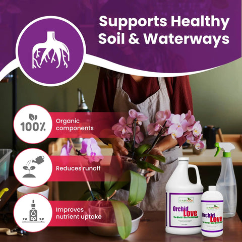 Liquid Orchid Fertilizer For All Orchid Species And Types, Quick Acting Plant Food That Boosts Growth And Big Blooms, Nutrient Rich Formula With Natural Ingredients, 1 Gallon bottle with orchid plants