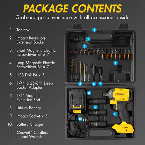 Wagan Onevolt 3-in-1 Cordless Electric Power Tool With Brushless Motor And 280 Ft-Lbs Torque For Tough Jobs in toolbox with accessories.