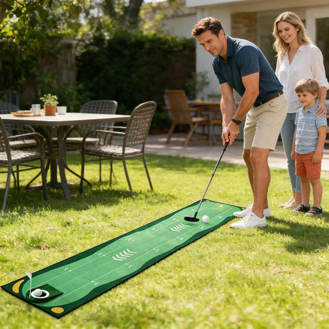 Man putting on Indoor Golf Putting Mat Set With Telescoping Putter Mini Golf Green Kit Putting Cup 2 Practice Balls in backyard