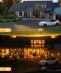 House exterior with 54 Foot Solar String Lights With USB Charging And Remote Control Dimmable LED Bulbs illuminating porch and yard.