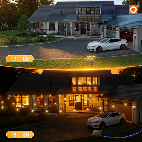 House exterior with 54 Foot Solar String Lights With USB Charging And Remote Control Dimmable LED Bulbs illuminating porch and yard.