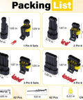 Packing list of 352 Piece Waterproof Car Electrical Connector Kit with various pin sets and dimensions shown.