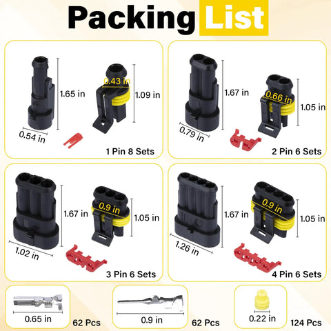 Packing list of 352 Piece Waterproof Car Electrical Connector Kit with various pin sets and dimensions shown.