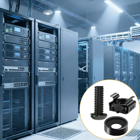 Straight Up Heavy Duty M6 X 16 MM Rack Mount Screws And Square Cage Nuts Hardware Kit in data center with network racks.
