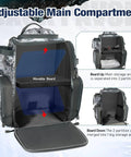 Heavy Duty Fishing Backpack With 2 Rod Holders 4 Tackle Boxes And Rain Cover built from 1200D water resistant nylon showing adjustable compartments