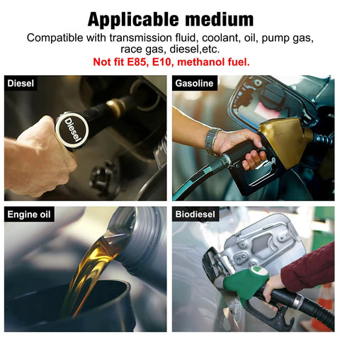 Various fuels including diesel, gasoline, engine oil, and biodiesel for Dope 10AN Oil Catch Can Breather Tank AN10 Kit use.