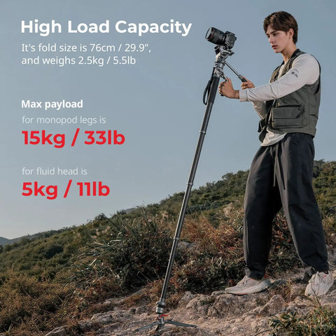Carbon Fiber Camera Monopod Featuring Smooth One Button Height Adjustment Hella Compact Design Shoots Rock Solid Five Kilogram Payload Perfect For Videographers Seeking Straight Fire Stability And Daily Studio Shots, held outdoors with a camera.