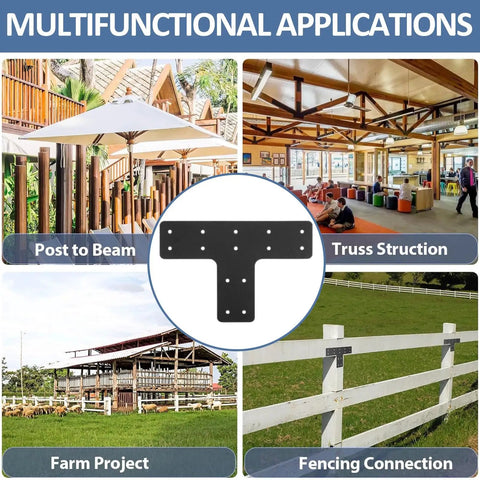 Heavy Duty Steel T Bracket Post Plate Kit With Fifty Six Socket Screws For Rock Solid Wood Fence Anchoring And Backyard Pergola Framing Project shown in various applications.