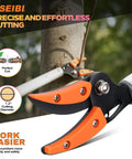 Long Reach Cut And Hold Bypass Pruner 3.5 Ft cutting a branch, highlighting ergonomic grip and 1/4 inch max cut