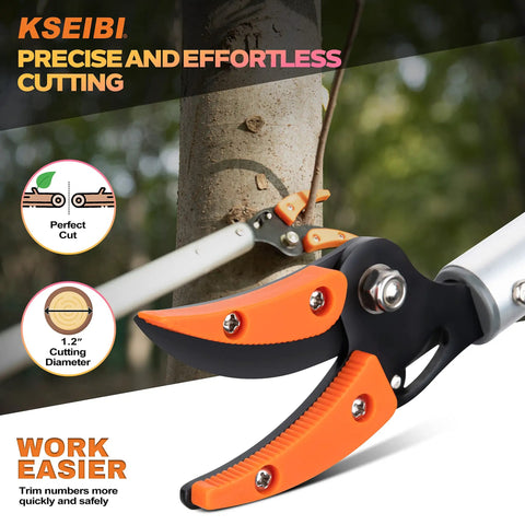 Long Reach Cut And Hold Bypass Pruner 3.5 Ft cutting a branch, highlighting ergonomic grip and 1/4 inch max cut