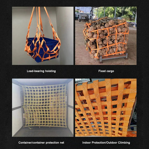 Heavy Duty Polyester Sling Net for Easy Load Handling and Lifting shown securing items in various settings.